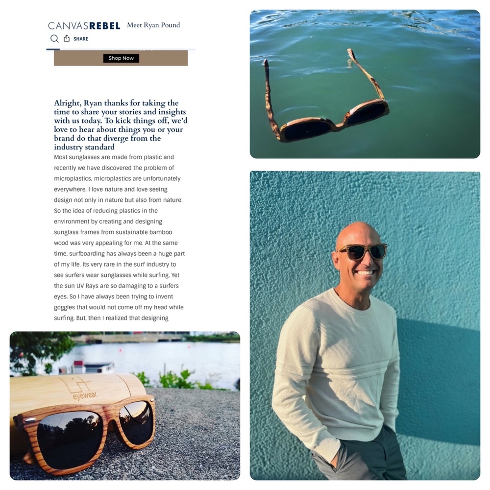 Surfing sunglasses. They float in case they fall off. Made from real wood